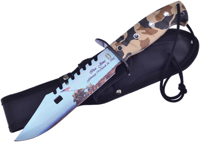 Frost Iwo Jima Bowie 7in Fixed Blade Knife Stainless Bowie Blade Camo Rubber Handle - Frost