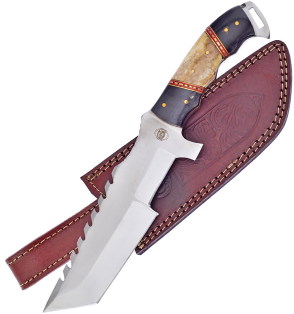 Frost Knight Guard Knife 7.5" satin finish sawback stainless tanto blade Buffalo horn and brown smooth bone handle