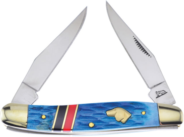 Frost Little Muskrat Blackhills Steel Folding Knife Mirror finish stainless dual clip blade Blue jigged bone handle
