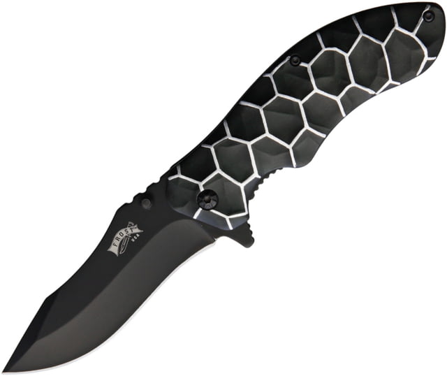Frost Matrix Linerlock A/O Black Folding Knife 3.5" black finish stainless blade Black and silver aluminum handle