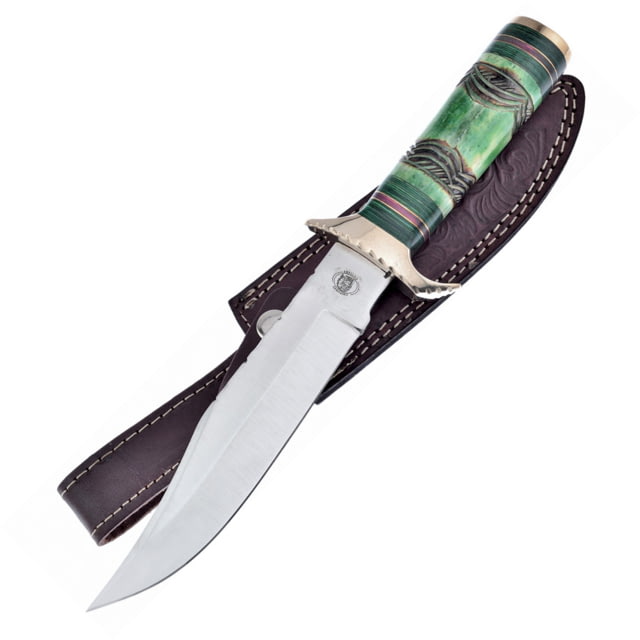 Frost Rolling Field Bowie Knife 7" satin finish stainless blade Green bone handle with green and brown pakkawood s - Frost