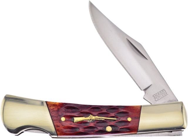 Frost Sharps Barracuda Lockback Folding KnifeStainless SteelStandard EdgeMirror PolishBrownBone Handle - Frost