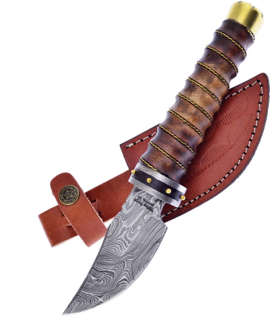 Frost Damascus Skinner Knife 9.5in Overall 4in Damascus Steel Blade Brass Wire Wrapped Rosewood Handle Leather Sheath - Frost