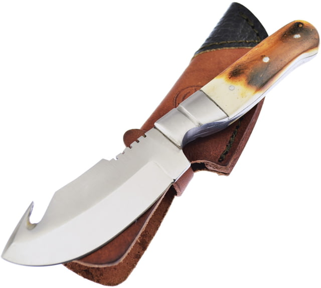 Frost Torched Bone Skinner Knife 7.75in Overall 4.75in Satin Stainless Guthook Blade Torched Bone Handle Leather Sheath - Frost