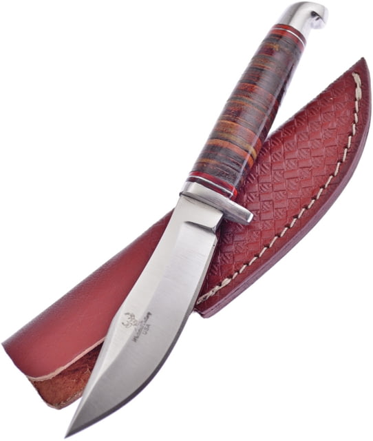 Frost Stacked Leather Knife Whitetail Cutlery 7.5in Overall 3.75in Satin SS Clip Point Blade Brown Stacked Leather Handle SS Guard Brown Leather - Frost