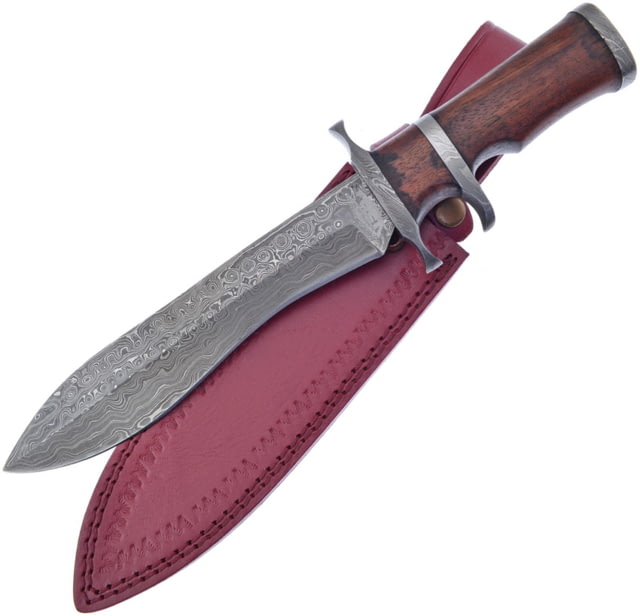Frost Sub-Hilt Bowie Knife 13.25in Overall 9in Damascus Steel Blade Burl Wood Handle Leather Sheath - Frost