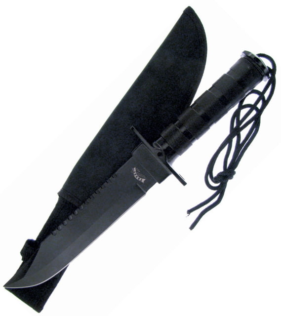 Frost Black Survival Knife 14in Overall 7.5in Black SS Clip Point/Sawback Blade Black Aluminum Handle Nylon Sheath - Frost