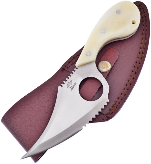 Frost The Snook Smooth Bone Knife Ocoee River The Snook 7.25in Overall 4in Satin SS Blade White Smooth Bone Handle Finger Ring Brown Leather Sheath - Frost