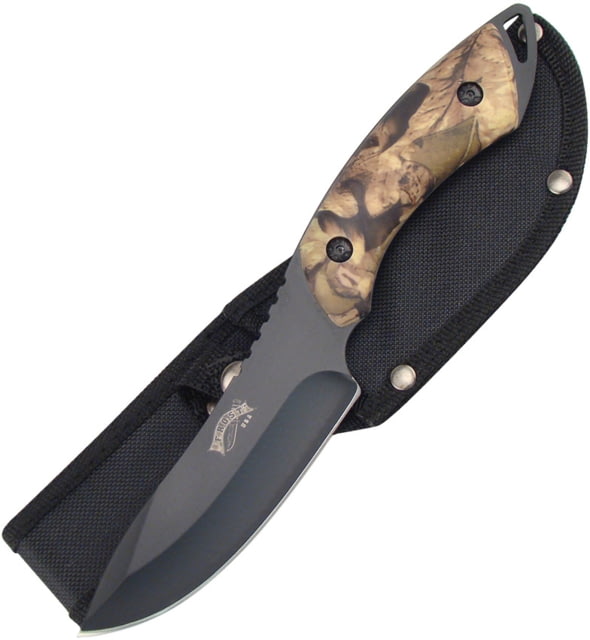 Frost The Whistler Fixed Blade Knife 9in Overall 4.5in Black SS Drop Point Camo Synthetic Handle Black Nylon Belt Sheath Camo - Frost