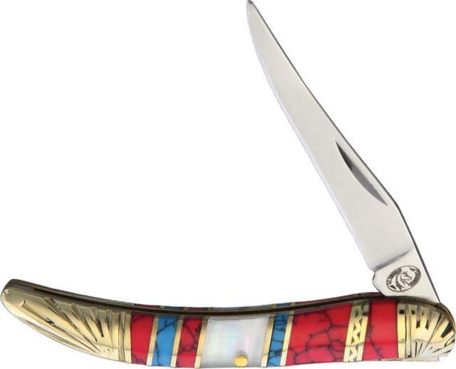 Frost Toothpick Silverhorse Folding Knife Mirror finish stainless long clip blade Blue and red turquoise and pearl handle