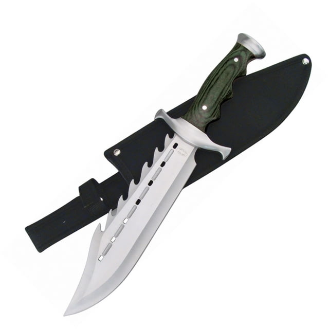 Frost Ultimate Warrior Bowie Fixed Blade Knife 15in Overall 9.5in Satin SS Clip Point Blade Black Finger Grooved Pakkawood Handle SS Guard And Pommel - Frost
