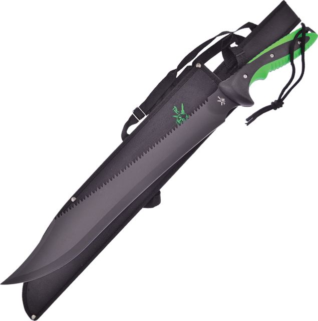 Frost Zombie Machete Fixed Blade Knife 18in Stainless Steel Standard Edge Sawback Black Black and Green Rubber Handle - Frost