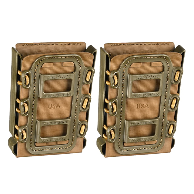 G-Code Soft Shell Scorpion Magazine Carrier Pack of 2 Rifle R1/R2/R3 Molle and Belt Mounts Ambidextrious Green On Tan OD Green Frame/Tan Shell Rifle - G-Code Holsters