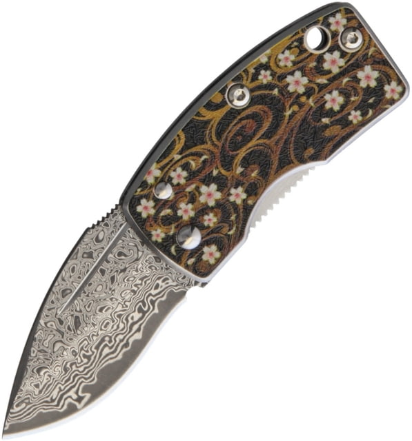 G.Sakai Money Clip Framelock Folding Knife 1.63in Damascus Steel Blade SS Handle Pocket Clip Texture Floral Handle Artwork Boxed With Hanging Tab - G.Sakai