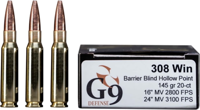 G9 Defense .308 Winchester 145 Grain Barrier Blind Hollow Point Brass Cased Rifle Ammo 20 Rounds - G9 Defense