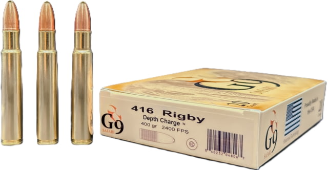 G9 Defense Safari .416 Rigby 400 Grain Depth Charge Tipped Hollow Point Brass Cased Rifle Ammo 20 Rounds Defense Safari .416 Rigby 400 Grain Depth Charge Tipped Hollow Point Brass Cased Rifle 20 Rounds Ammo