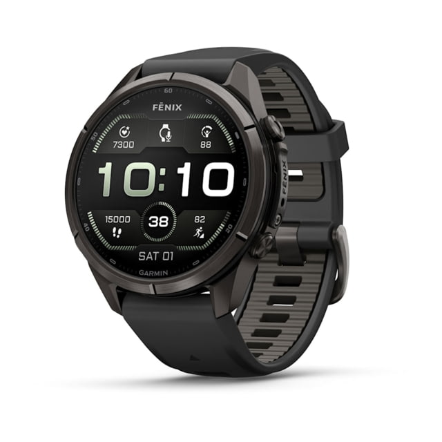 Garmin Fenix 9 Pro Watch 43mm Case Diameter Carbon Gray DLC Titanium Bezel Black/Pebble Gray Silicone Band
