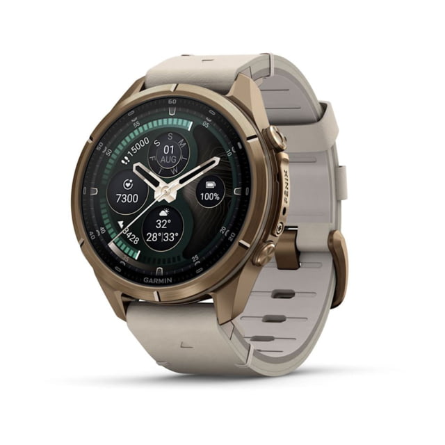 Garmin Fenix 9 Pro Watch 43mm Case Diameter Autumn Gold Titanium Bezel Bone Leather Band and Cream/French Gray Silicone Band