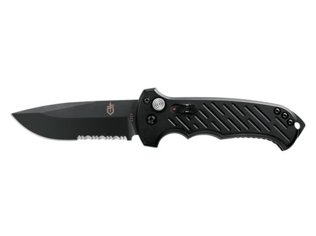 Gerber 06 Auto Automatic Folding Knife 8.5 in Overall 3.8 in S30V Serrated Drop Point Black Oxide Blade Hard Anodized 6061-T6 Machined Aluminum Black - Gerber