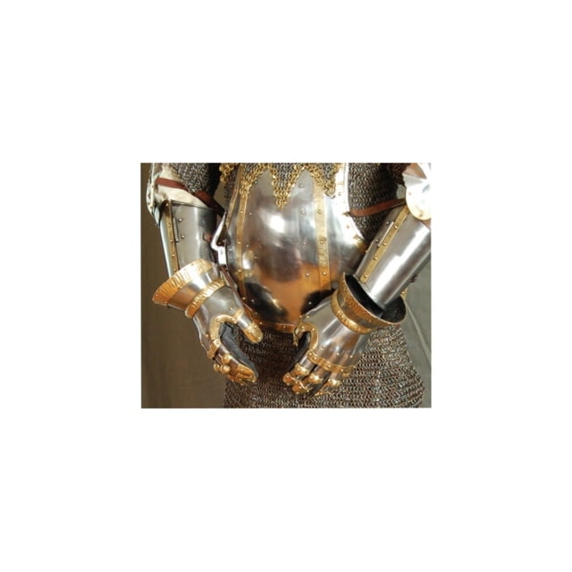Get Dressed For Battle Gauntlets Set Of Two Steel Construction Bordered w/Decorative Etched Brass Strips Leather Interior Glove Each 10 1/2in Long - Get Dressed For Battle