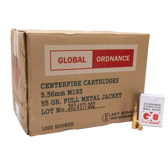 bal Ordnance Global Ordnance M193 Rifle Ammunition 5.56X45 NATO 55gr FMJ 3162 Fps 1000/ct Case 50-20/ct Ammo