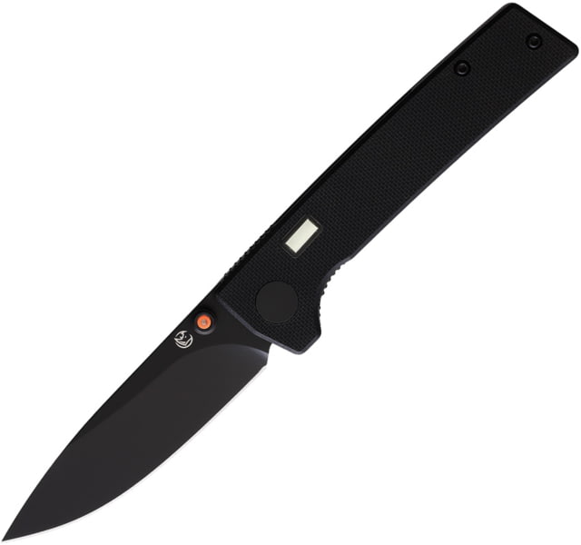 Glow Rhino Fermi Folding Knife 4in Closed 3in Black PVD Coated D2 Tool Steel Blade Black G10 Handle w/Orange/Green Tritium Handle Inlay