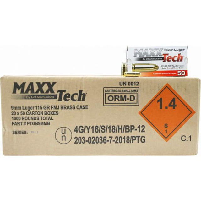 Grasso Holdings Inc. / Tulammo MaxxTech Handgun Ammunition 9mm Luger 115 gr FMJ 1150 fps ct 20-50/ct