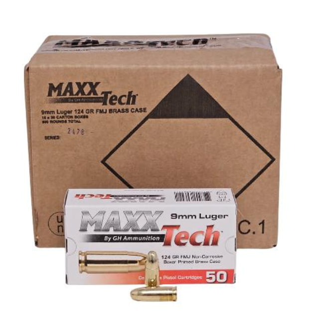 Grasso Holdings Inc. / Tulammo MAXXTech Handgun Ammunition 9mm Luger 124gr FMJ 1126 fps ct 20-50/ct - MaxxTech Ammo