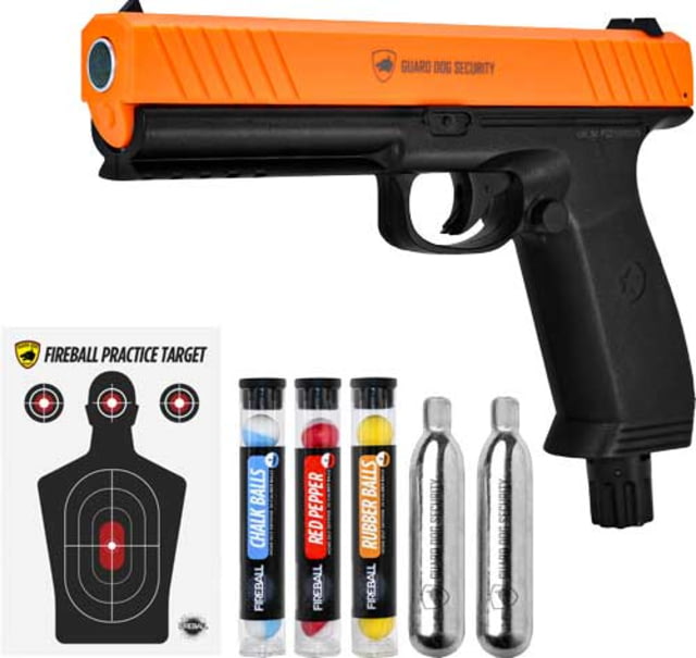 Guard Dog Security FireBall CO2 Pepper Gun 6 Pepper Balls 6 Rubber Balls 6 Chalk Balls 2 CO2 Cartridge Target Practice Black/B.Orange