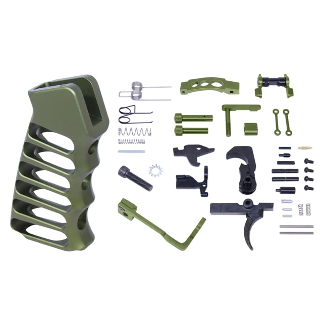 Guntec USA AR-15 Enhanced Lower Parts Kit w/ Upgrades & Skeletonized Aluminum Pistol Grip Anodized Green - Guntec Usa