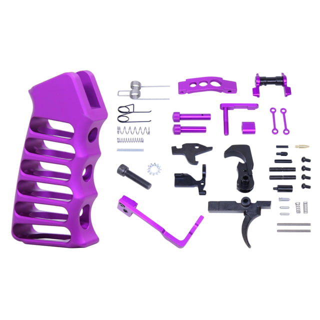 Guntec USA AR-15 Enhanced Lower Parts Kit w/ Upgrades & Skeletonized Aluminum Pistol Grip Anodized Purple - Guntec Usa
