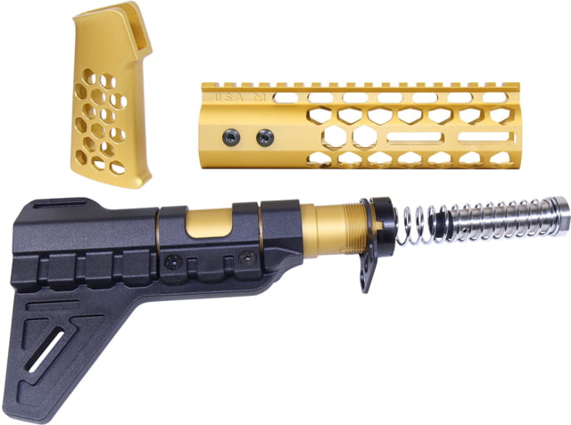 Guntec USA AR-15 Honeycomb Pistol Furniture Set w/Brace 7 in Anodized Gold