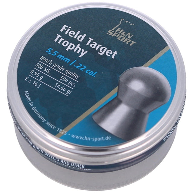 H&N Sport Field Target Trophy .22 Caliber 14.46 Grain 5.54mm Head-Size Air Rifle Pellets 500 Rounds Silver Small - H&N Sport