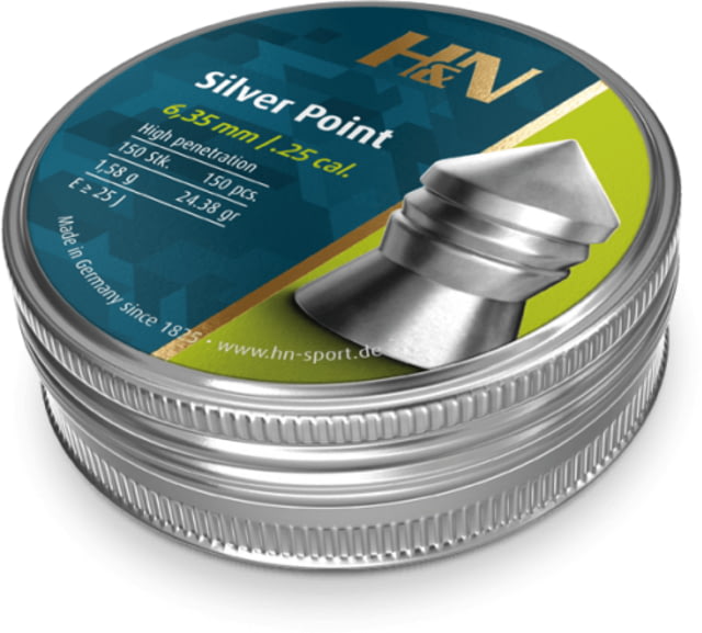 H&N Sport Silver Point .25 Caliber Blister 24.38 Grain Air Rifle Pellets 150 Rounds Silver Small - H&N Sport