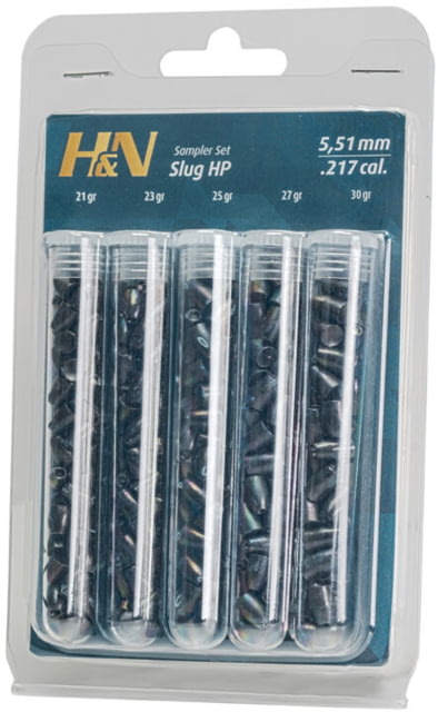 H&N Sport Sampler Slug HP 250 .22 Caliber 5 Types Air Rifle Pellets 150 Rounds Silver Small - H&N Sport