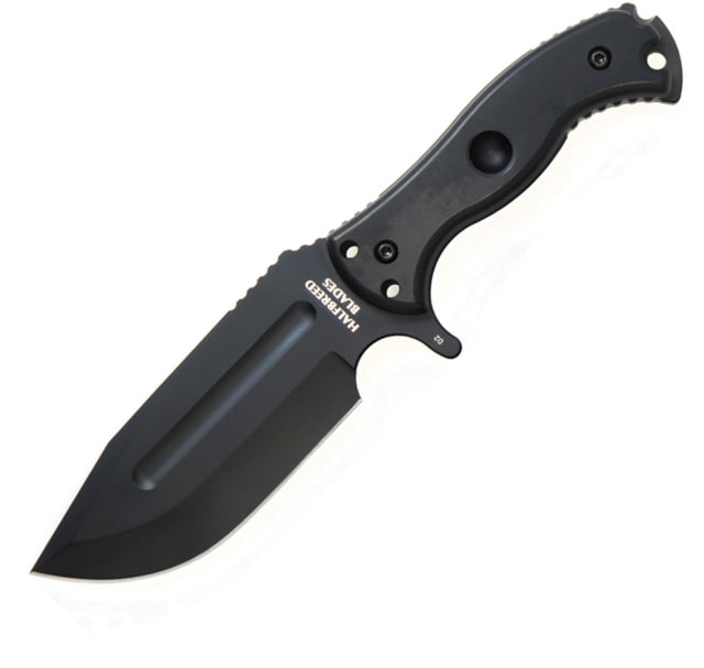 Halfbreed Blades Large Bush Knife 5.75" black Teflon coated K110 tool steel modified Black linen micarta handle LBK-01 BLK - Halfbreed Blades