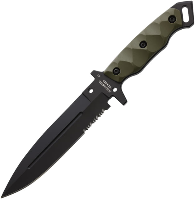 Halfbreed Blades Medium Infantry Fixed Blade Knife 11.63in Overall 6.5in Black Teflon Partially Serrated K110 Tool Steel Spear Point Blade OD Green - Halfbreed Blades