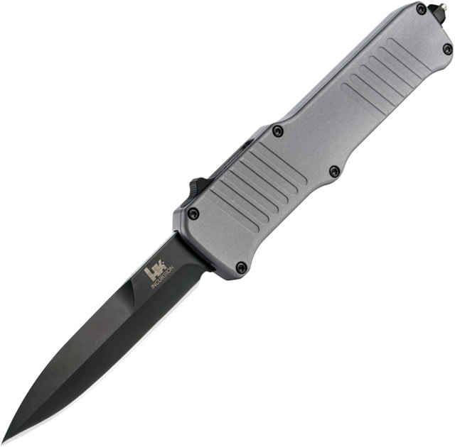 Heckler & Koch Auto Incursion OTF Automatic Folding Knives w/ Glass breaker 4in Black Finish 154CM Stainless Blade Gray Anodized Aluminum Handle - Heckler & Koch