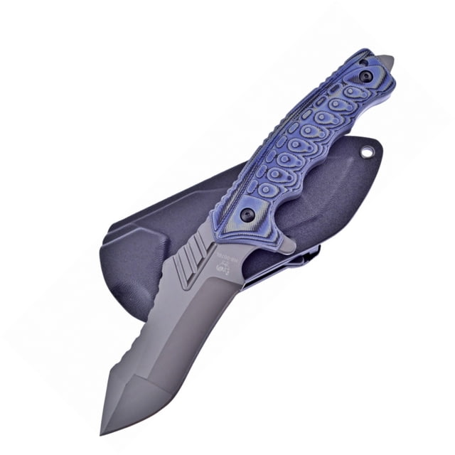 Hen & Rooster Blue Knife 10.25in Overall 4.25in Gray Coated SS Blade Black/Blue Textured G10 Handle Glass Breaker Black Nylon Sheath - Hen & Rooster