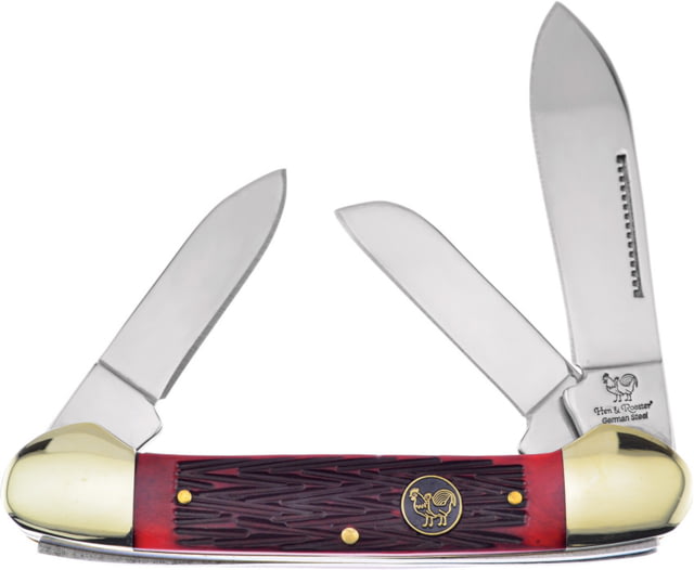 Hen & Rooster Canoe 3 Blade Red Pick Bone Folding Knife Mirror finish stainless spear sheepsfoot and pen Red pick bone handle - Hen & Rooster