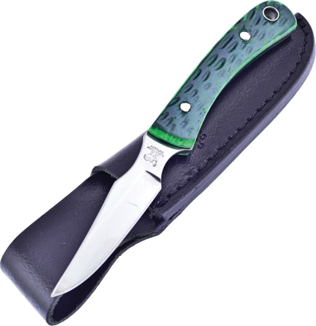 Hen & Rooster Caper Antique Green Bone Knife 6.5in Overall 3in Satin SS Blade Green Jigged Bone Handle Black Leather Sheath - Hen & Rooster