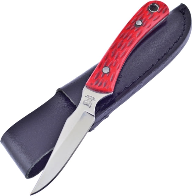 Hen & Rooster Caper Red Pick Bone Knife 6.5in Overall 3in Satin SS Blade Red Pick Bone Handle Black Leather Sheath - Hen & Rooster