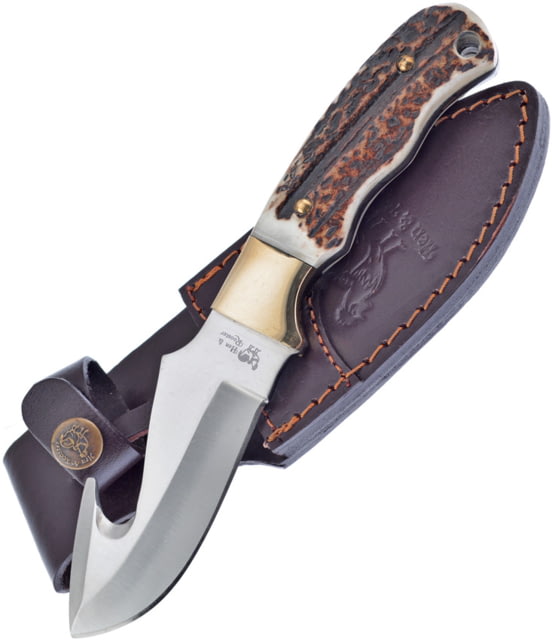 Hen & Rooster Fixed Blade Deer Stag Knife 4.25" satin finish stainless guthook blade Deer stag handle - Hen & Rooster