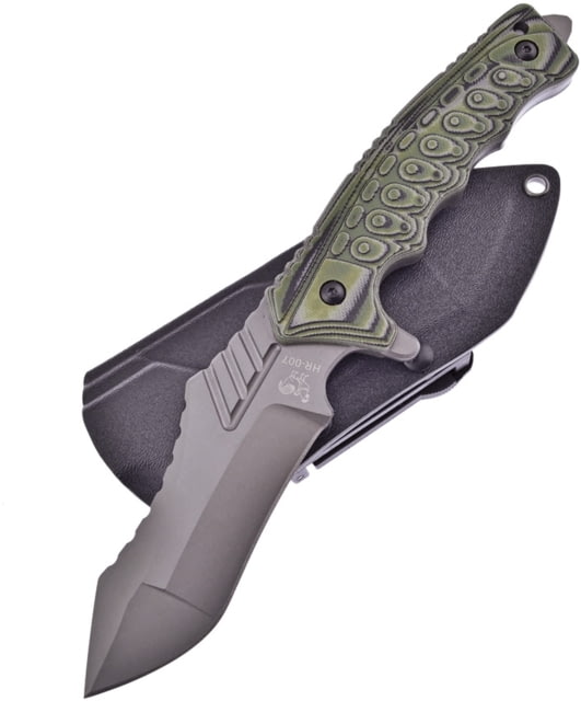 Hen & Rooster Green Knife 10.25in Overall 4.25in Gray Coated SS Blade Black/Green Textured G10 Handle Glass Breaker Black Nylon Sheath - Hen & Rooster