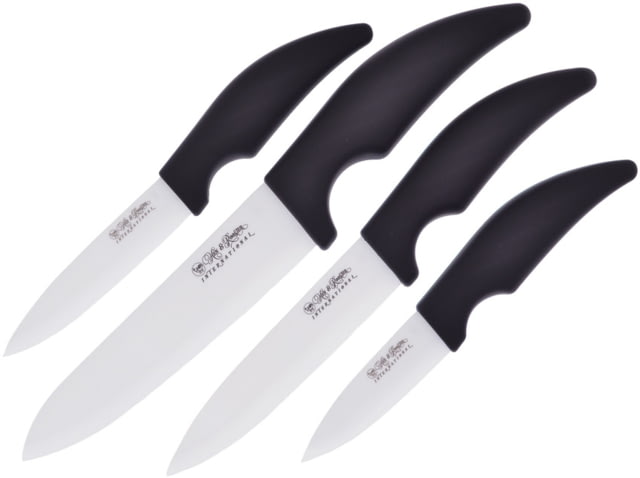 Hen & Rooster Kitchen Set White Ceramic 4pc Knife Black rubber handle - Hen & Rooster