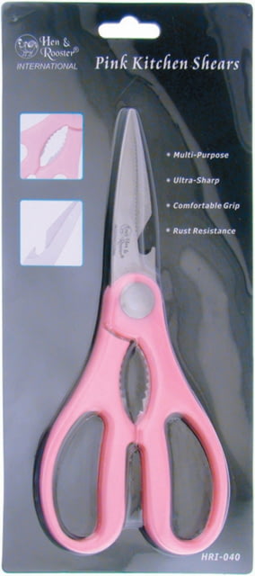 Hen & Rooster Kitchen Shears Pink Kitchen Shears 8in Overall 2.88in SS Blades Pink Synthetic Handles Nutcracker Notch Bottle Opener Pink