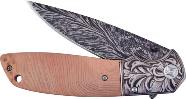 Hen & Rooster Linerlock A/O Burl Wood Folding Knife 3.75" faux damascus finish stainless blade Burl wood handle - Hen & Rooster