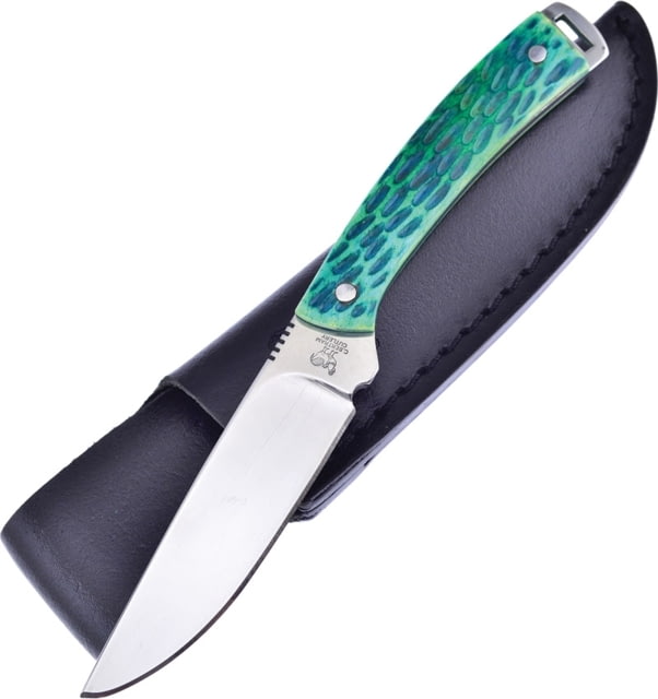 Hen & Rooster Small Hunter Green Bone Knife 7in Overall 3.25in Mirror 440 SS Blade Green Jigged Bone Handle Black Leather Sheath - Hen & Rooster