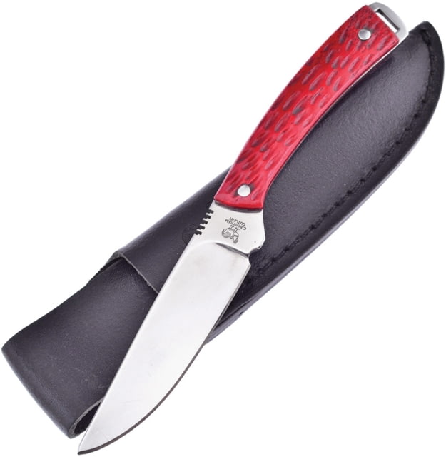 Hen & Rooster Small Hunter Red Pick Bone Knife 7in Overall 3.25in Mirror 440 SS Blade Red Pick Bone Handle Black Leather Sheath - Hen & Rooster