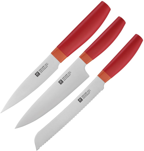 HENCKELS ZWILLING Now S 3-Piece Pre-Pack 8in Serrated Bread Blade/ 8in Chef's Blade/ 4in Paring Blade Orange Polypropylene Handle - Henckels Zwilling
